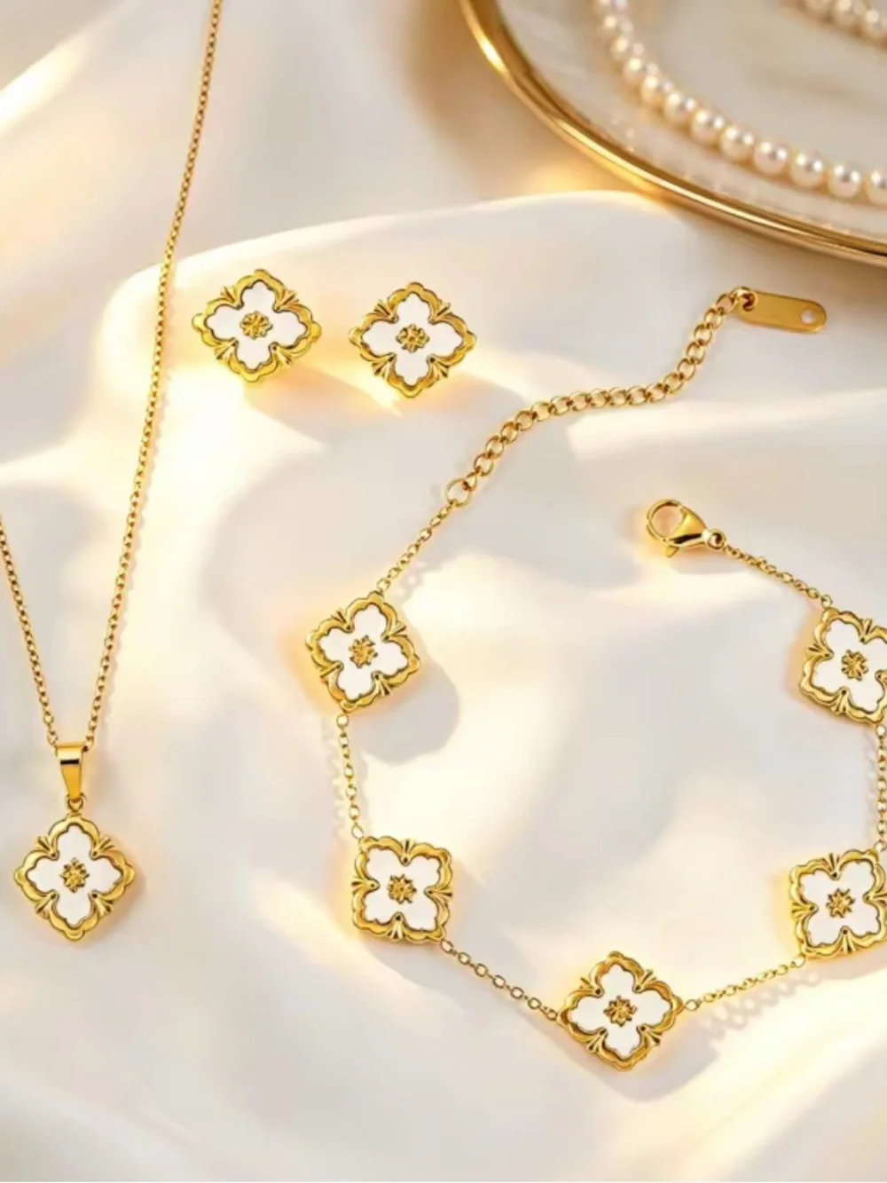18k gold plated Gold Floral Necklace, earring and Bracelet Set - White Accents